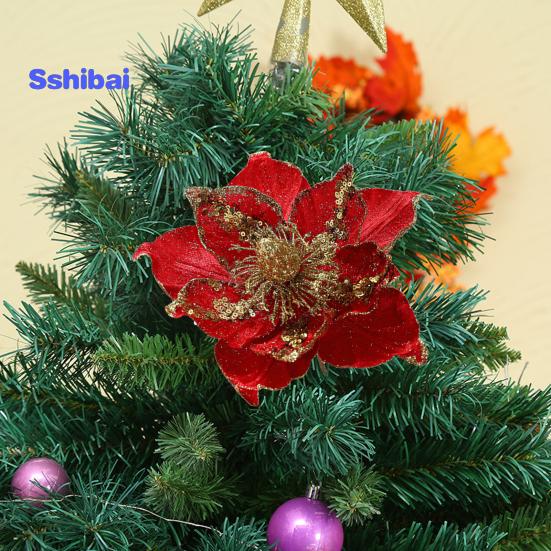 Glitter Artificial Flower Christmas Tree Decoration Vibrant Color Realistic Looking Easy To Hang Faux Flower Holiday Party Ornament