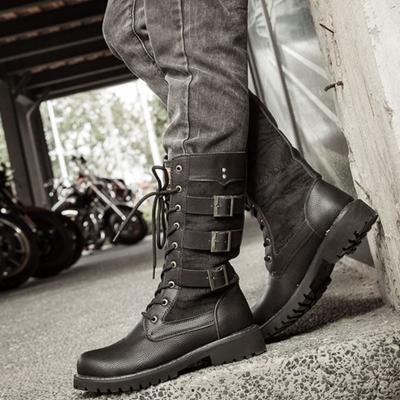 Modische Herren High Top Plateau Stiefel, Trendige Motorradstiefel, Herren Innenhöhe erhöhend Rutschfeste Militärstiefel Botas Para Hombre
