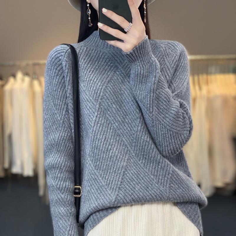 Women's Autumn-Winter Wool Knit Sweater - Half-High Collar, Solid Color, Slimming Pullover with Long Sleeves