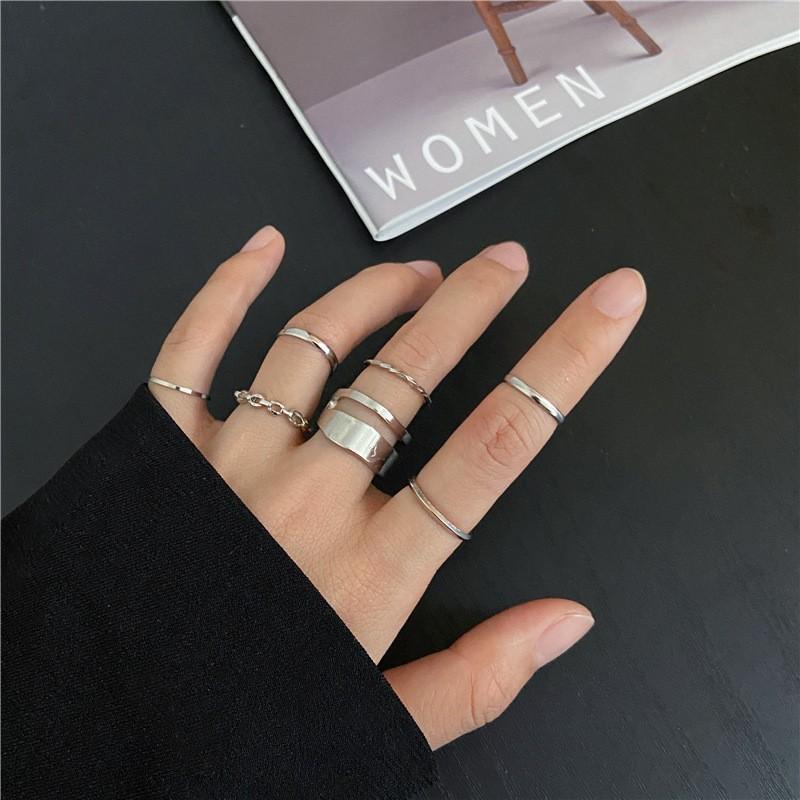 Ring, Fashionable Personality And Simple Double-Layer Open Twist Chain Joint Ring, Seven-Piece Ring Set For Women