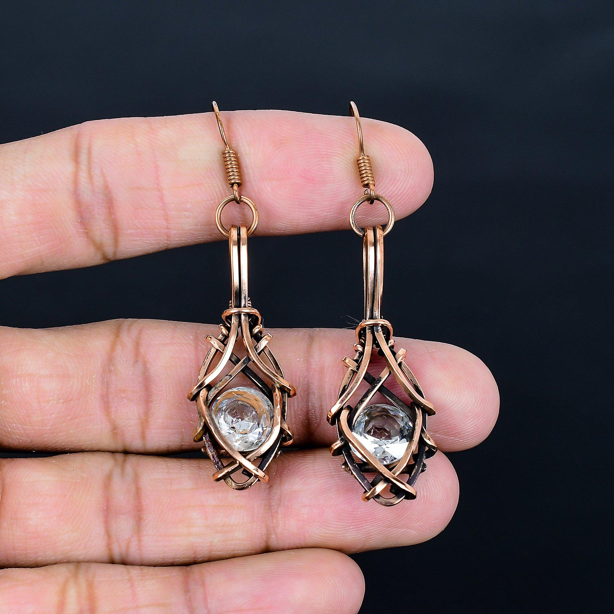 

White Topaz 999 Copper Wire Wrapper Earrings, Handmade Gemstone Jewelry Earrings For Memorial Day 2.55 Inches