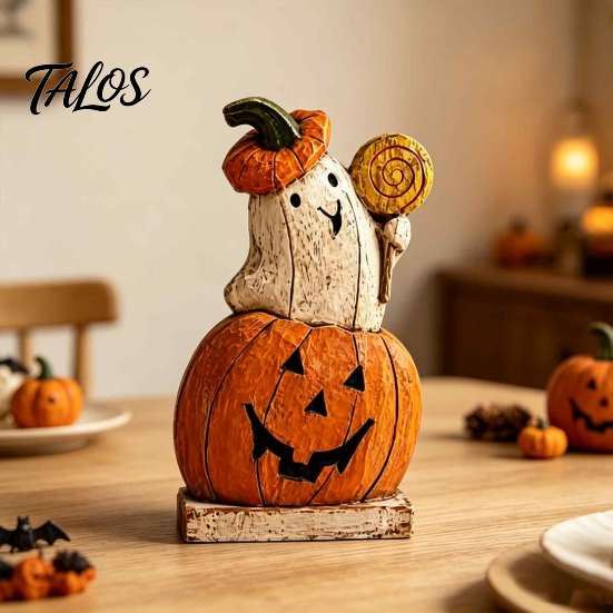 Halloween Ghost Wooden Ornaments Pumpkin Figurine, Vintage Tabletop Decor, Jack O Lantern Cute Figurines for Home Statue with Stable Base, Rustic