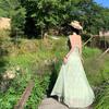Französisches Urlaubs-Blumen-Latzkleid Feen-Sommerkleid Rüschenkanten-Design Super Feenhaftes Temperament Langes Kleid