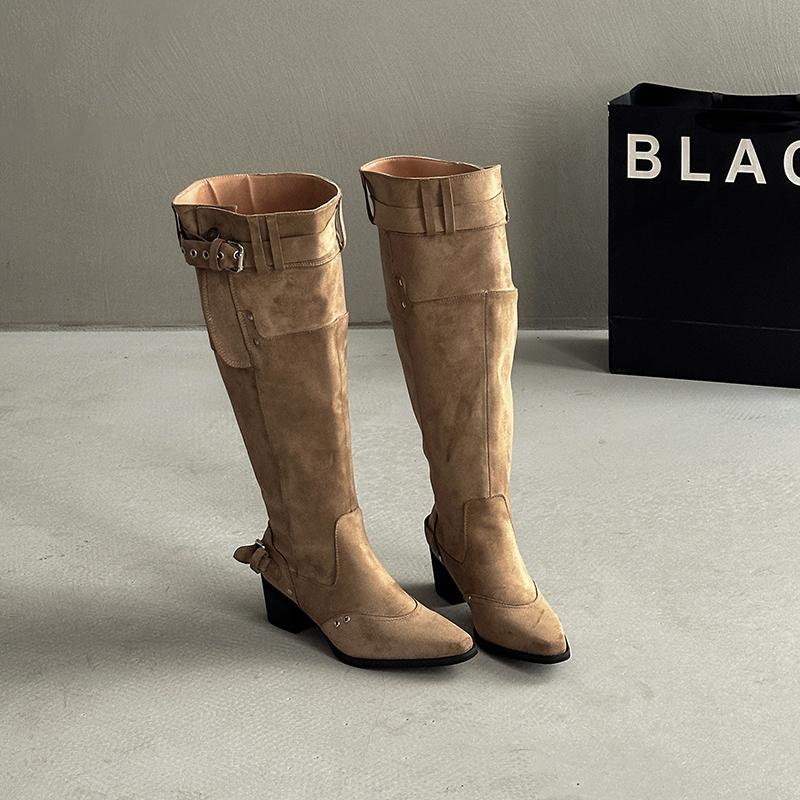 

Fashion Vintage Rivet Hottie Women Knee-High Boots Fashion Belt Buckle Female Pleated Knight Long Booties Shoes 35 хаки