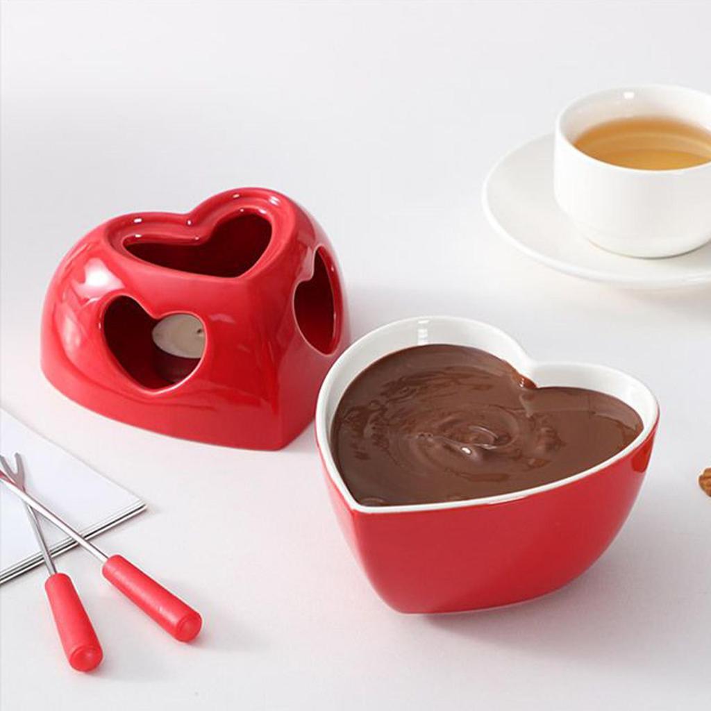 Chocolate Fondue Cup Ceramic Heart-shape With Forks Tealight Chocolate Melting Cup Mini Fondue Pot For Cheese Butter Caramel