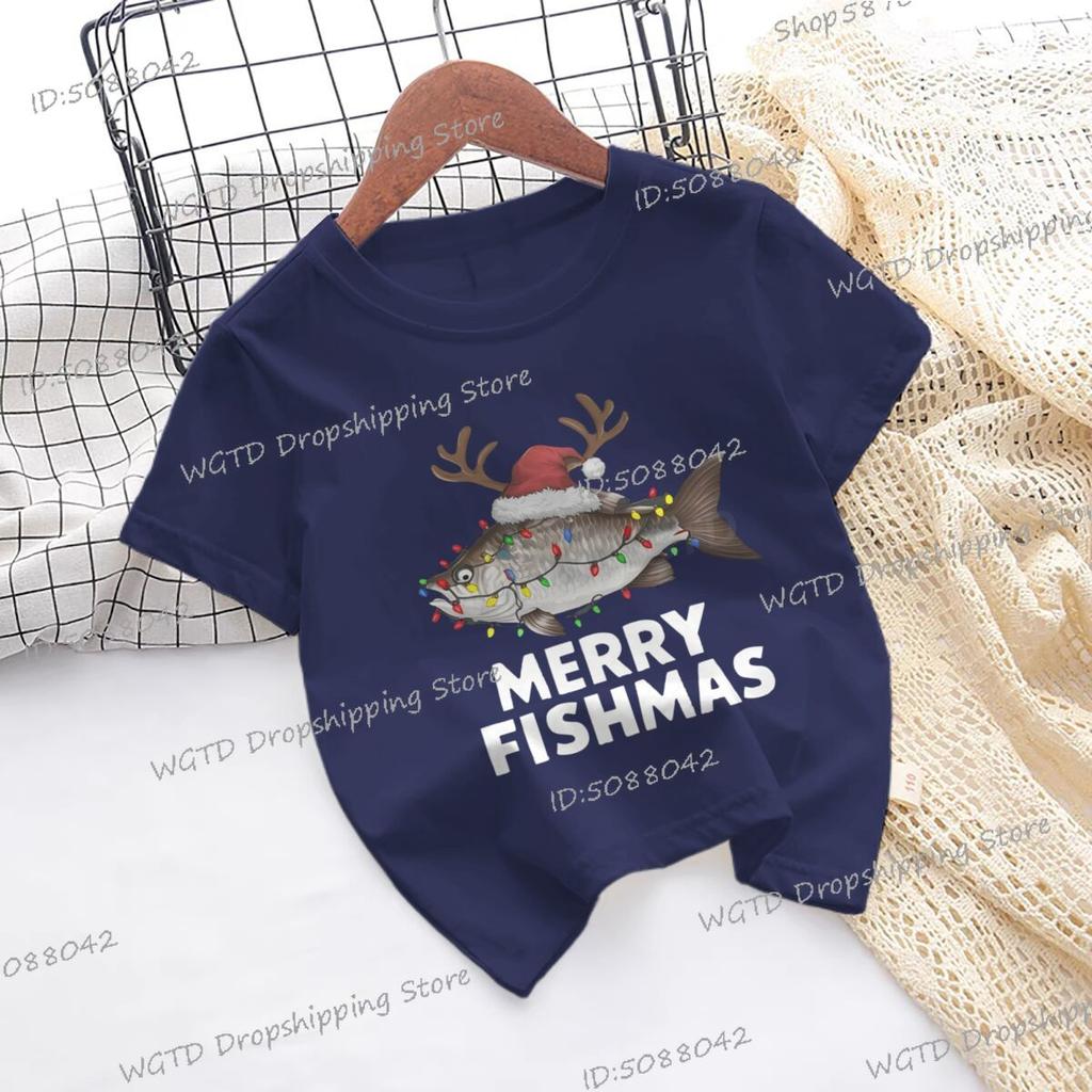 Merry Fishmas Print Christmas T-shirts Short Sleeve Boys Girls Fashion Christmas Clothes Cartoon Hip Hop Wild Xmas Tees