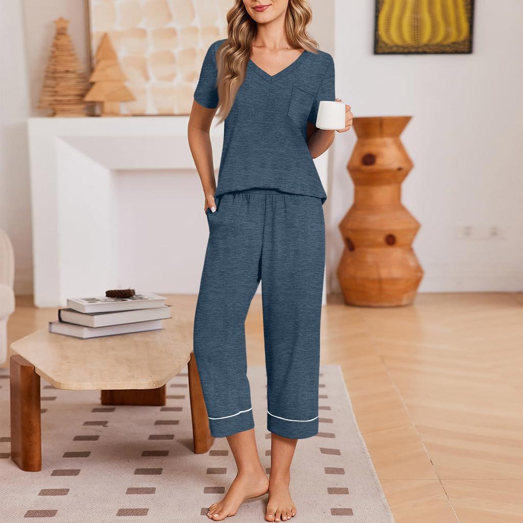 Women Casual Loose Fit Short Sleeve T Shirt and Capri Pants Loungewear Set Homewear Soft Fabric Comfortable Fit