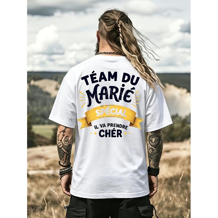 Men's French Wedding Party Large Size T-shirt - Team Du Mari Evg Groom Squad Design - 100 Cotton Casual Round Neck Tee French Text Bridesmaid