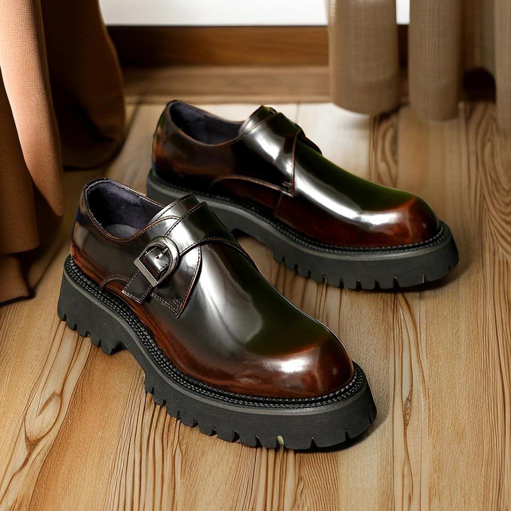 New Thick-Soled British Style Casual Wedding Leather Glossy Slip-On Height-Increasing Men's Formal Business Monk Shoes
