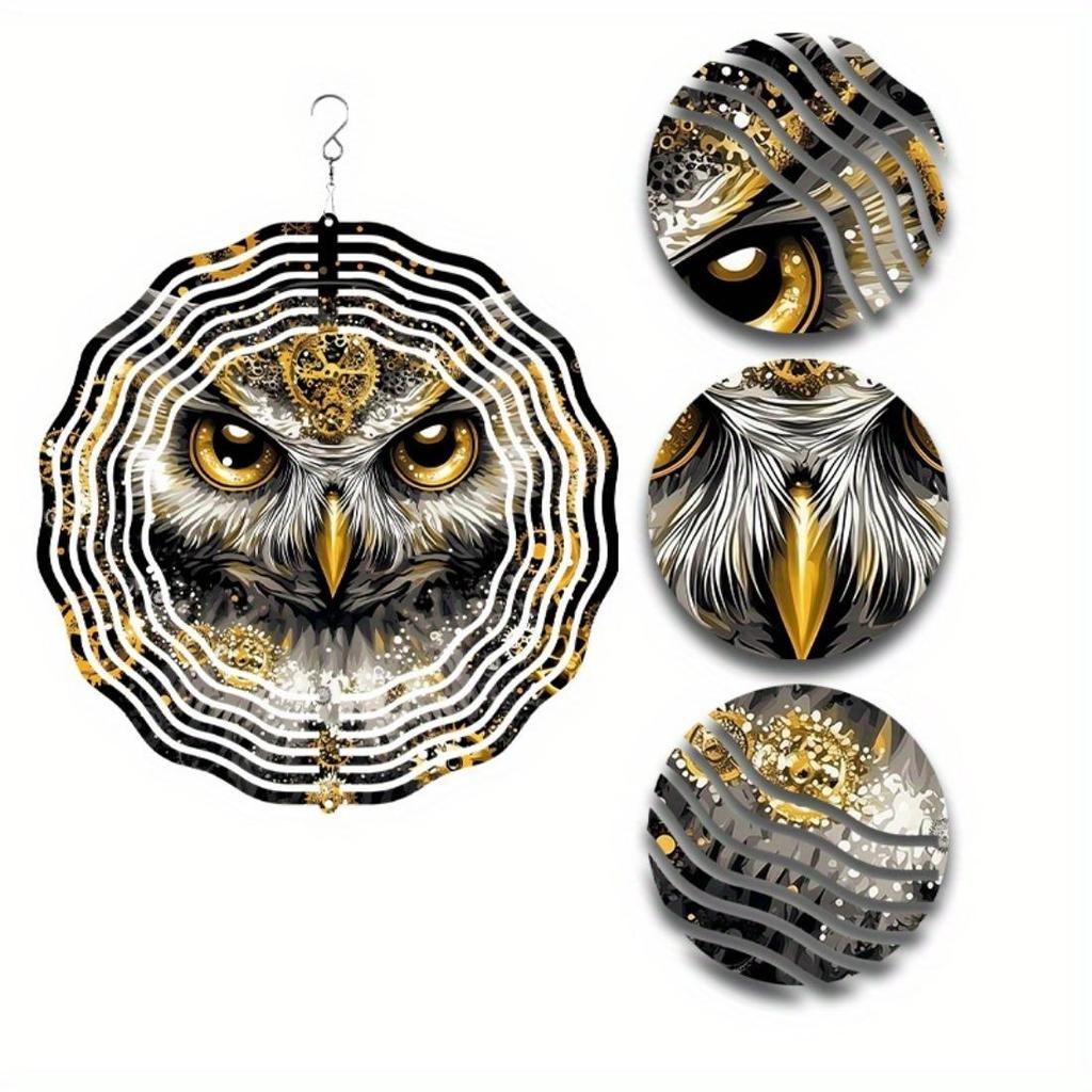 Elegant Owl Wind Spinner - Luxurious Golden & Black Metal Garden Sculpture, 3D Outdoor Decor with Intricate Feather Patterns, No Power Required