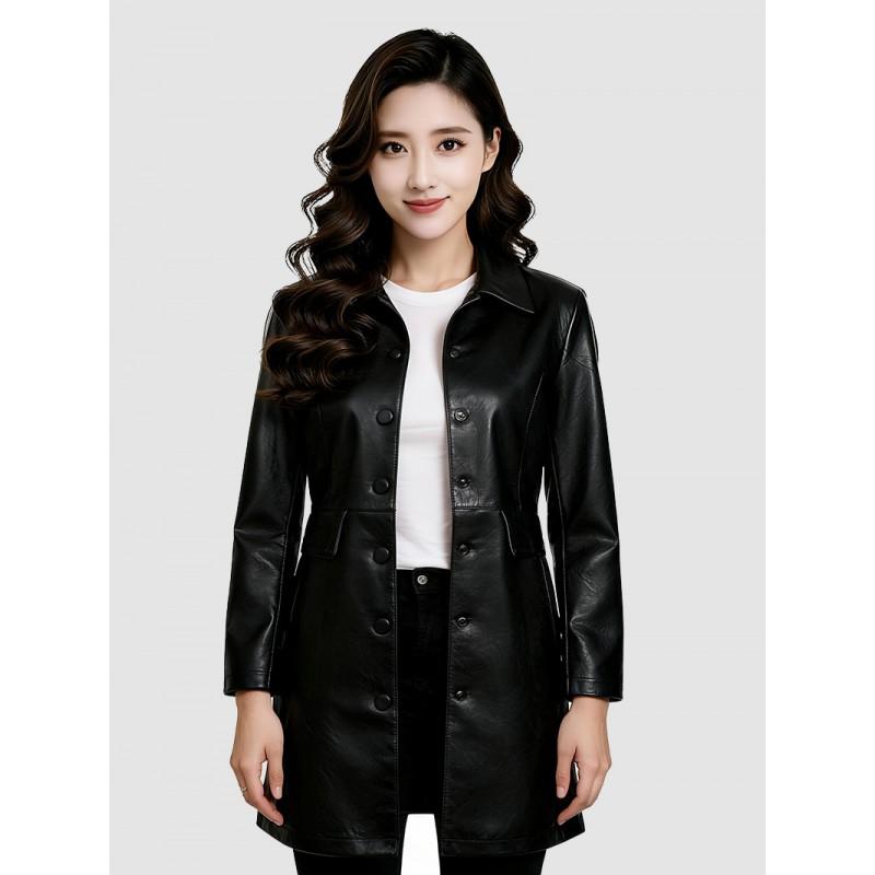 Womens PU Leather Trench Coat Mid-Length Slim Fit Turn-Down Collar Elegant Office Wear 2026