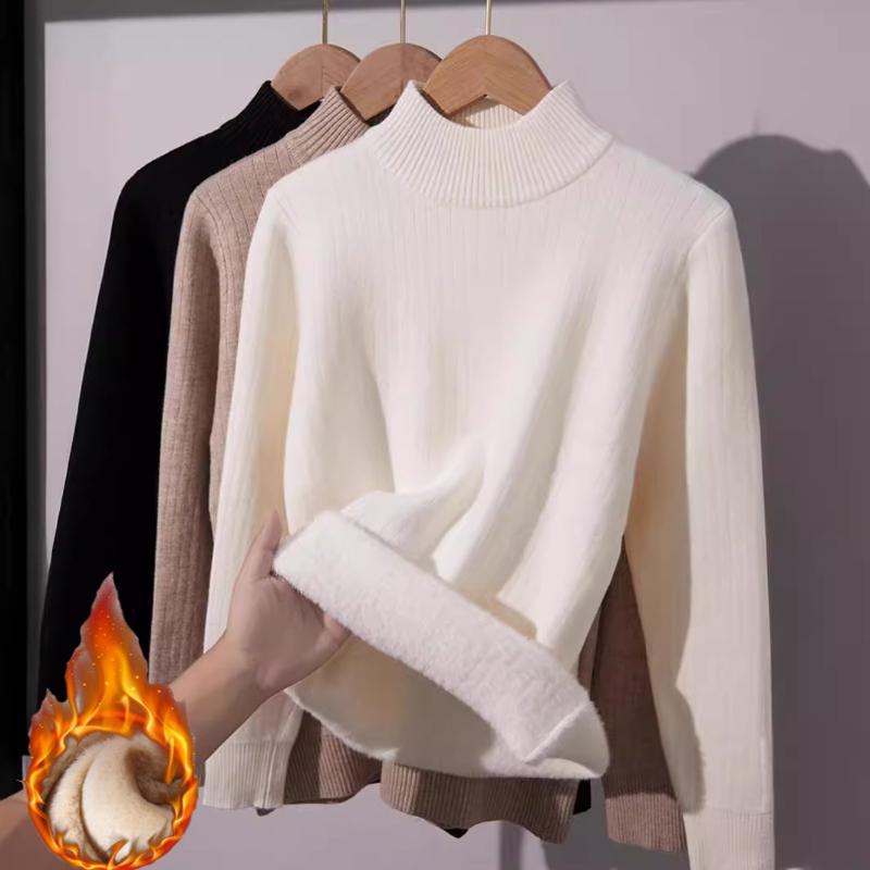 2026 Autumn Winter Turtleneck Sweater Women Elegant Thicken Velvet Lined Warm Sueter Knitted Pullover Warm Versatile Knit Tops