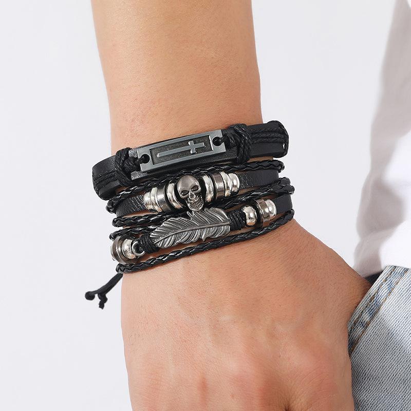 Vintage Punk Style Woven Leather Bracelet DIY Fashion Bangles with Feather Cross Accessories for Men
