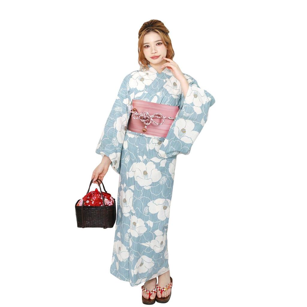 Fuuka Yukata Set Adult One Size Fits Camellia and and Women's (2 Pieces), Size, Most, (Blue White) Pre-Obi (Salmon Pink)