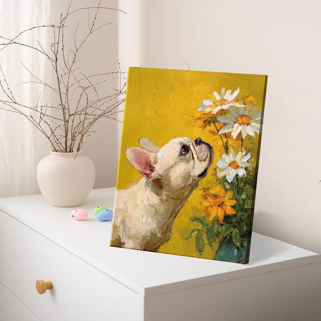 Vintage Floral French Bulldog Wall Art Print Dog Daisy Flowers Picture Painting Aesthetic Wall Decor for Home Living Room Bedroom 8x10 Canvas Framed