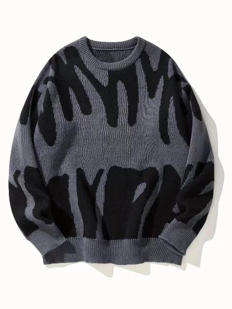 Fashion Loose Printed Knitted Sweater Autumn Korean Style Jacquard Knit Sweaters Casual Simple Round Neck Tops Pullover Casual Long Sleeve Clothing