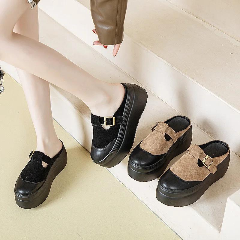 8cm Cow Suede Genuine Leather Summer Women Zandalias De Mujer Females Buckle Platform Slippers Wedge Flat Sandals Slides Shoes