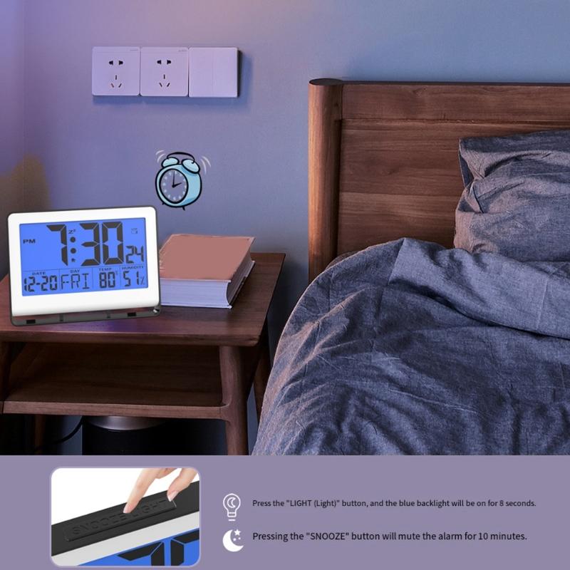 Wall Moutable Tabletop Digital Alarm Clock Large Screen LCD Temperature Hygrometer Display Backlight Battery Powered