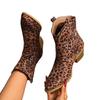 Western Cowboy Boots Women'S Suede Thick Heel Pointed Head V Mouth Thin Leopard Print Retro Medium Heel Short Martin Boots Women
