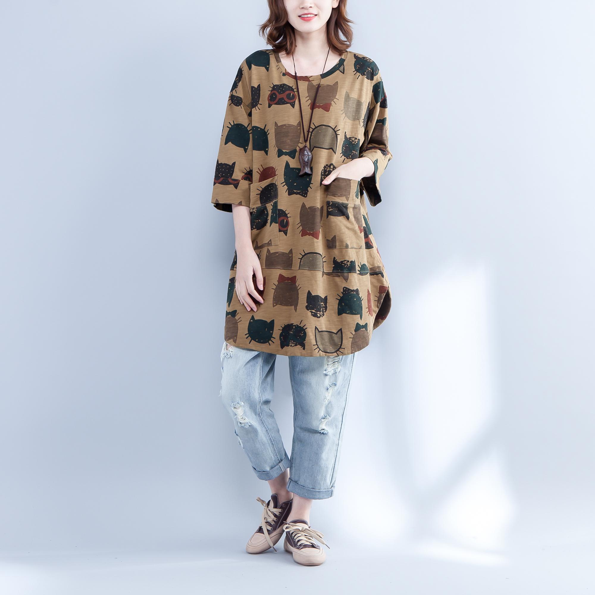 

DIMANAF 2023 летние женские футболки больших размеров, хлопковые мягкие топы с круглым вырезом, футболки, свободная повседневная одежда, свободные топы с кавайным принтом, футболка миди ONE SIZE коричневый