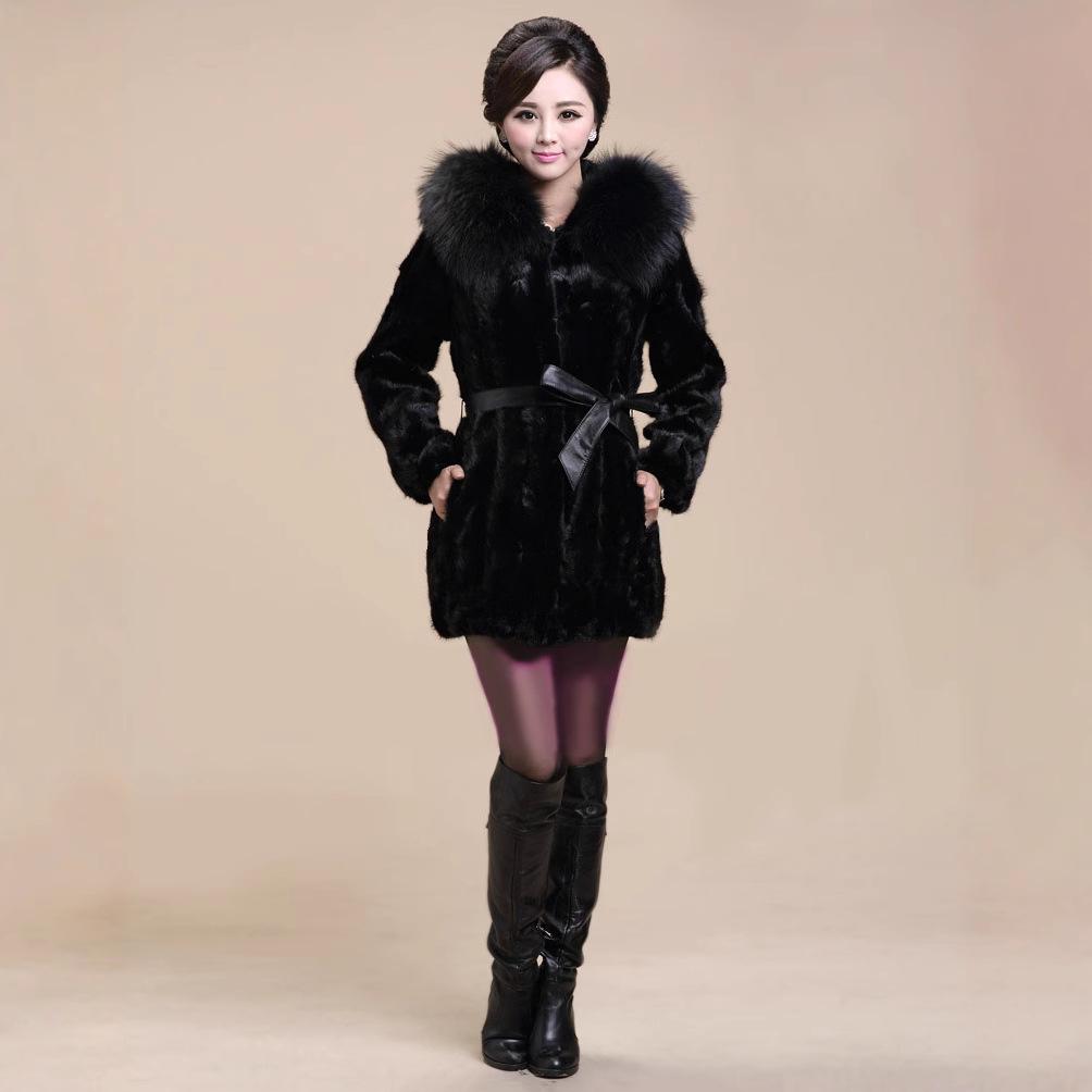 2025 European & American Style Faux Mink Women's Mid-Length Hooded Belted Slimming Fur Coat