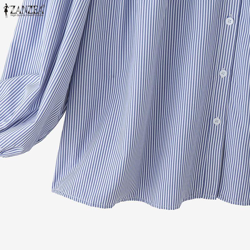 ZANZEA Women Casual Round Neck Loose Long Sleeve Stripe Blouse