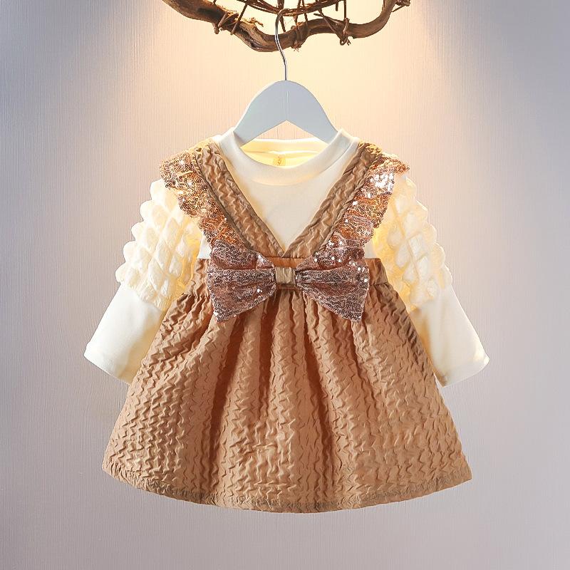 Spring Autumn Baby Girl Fake Two Piece Long Sleeve Dress 0-3 Years Old Infant Toddler Stylish Princess Dress