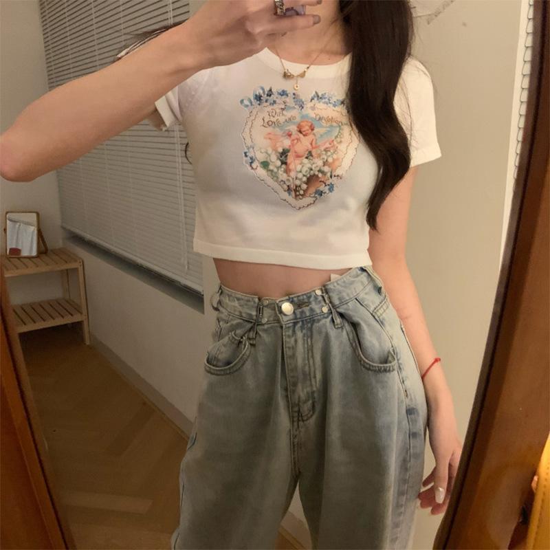 Short-sleeved T-shirt for Women In Summer New Korean Style Slim High Waist and Navel-exposed Student Short Top for Women