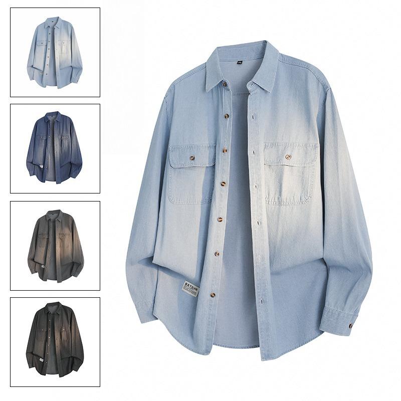 Minimalist Solid Color Men's Jakas Long-sleeved Shirt 2026 Autumn Denim Lapel Loose Men's Jacket Coat Men's Breathable Work Casual Jacket