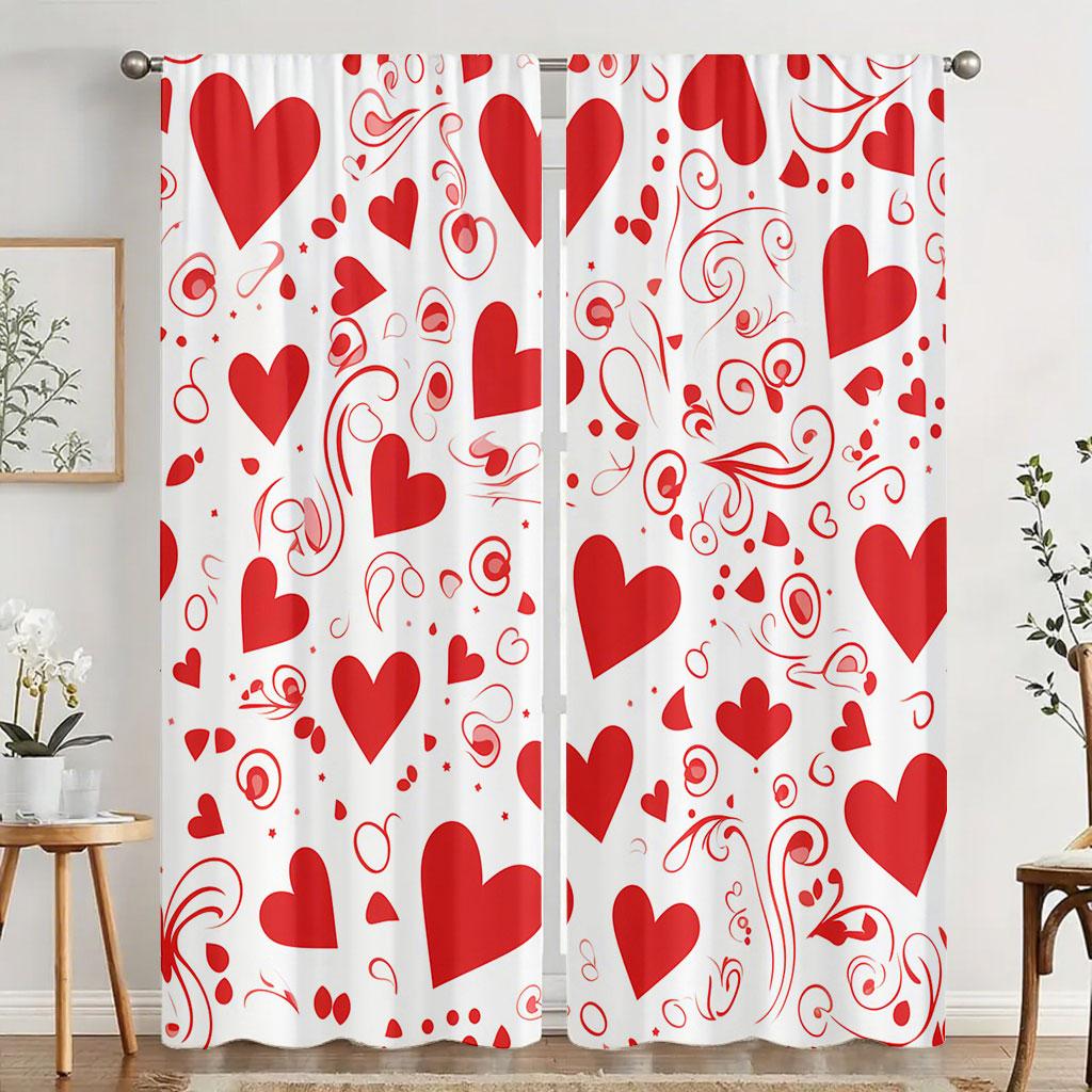2pcs Red and White Heart-shaped Patterned Curtains   Classic Romantic Bedroom and Living Room   with Decorative Drawbar Pockets