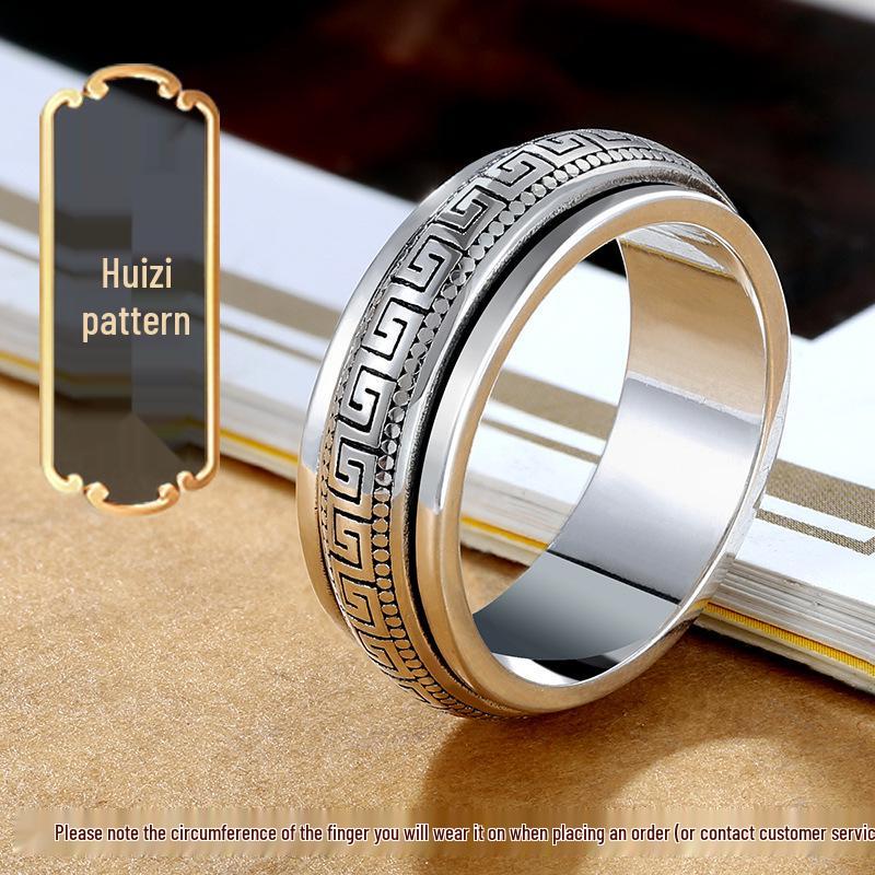 Herren Sterling Silber Rotierender Mäander Muster Ring, Personalisierter Retro Zeigefinger Ring, Stapelbar und Trendy.