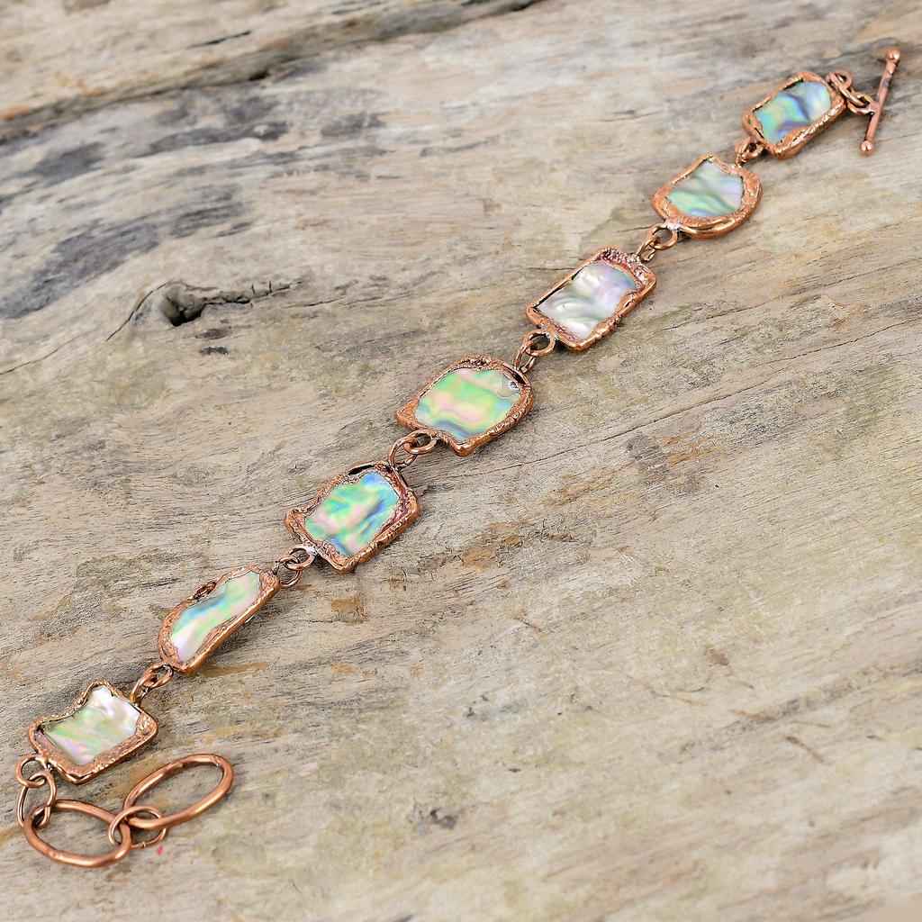 Brățară aspră din coajă de abalone Brățară din cupru electroformată Brățară cu lanț reglabil Bijuterii din cupru lucrate manual Brățară cu pietre prețioase Cadou pentru mama