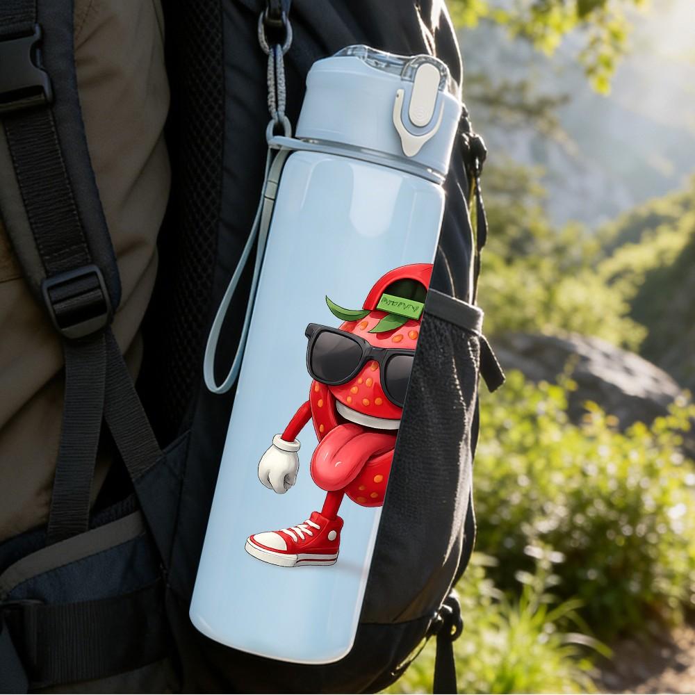 1PC Cool Strawberry Character Cartoon 750ml Color Plastic Sports Water Bottle Leakproof Flip Straw Lid Suitable for Sports Office Home Use