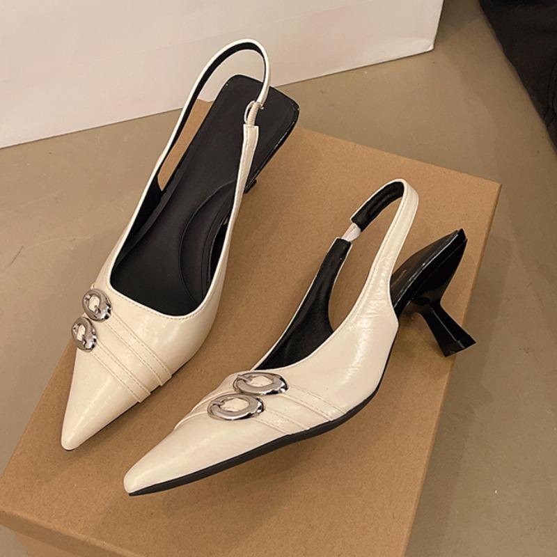 Fashion Women's Baotou Sandals Fashion Pointed Shallow Mouth Metal Buckle Set Foot Anti-slip Wear-resistant Heel Shoes