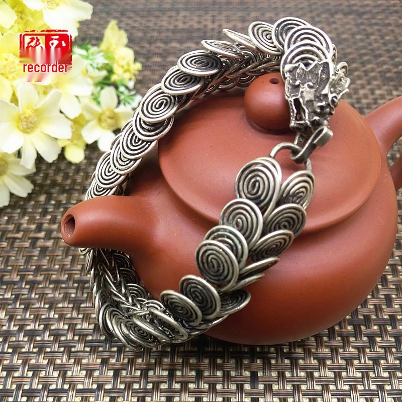Unisex Ethnic Tibetan Silver Dragon Head Bracelet, Handmade Gift