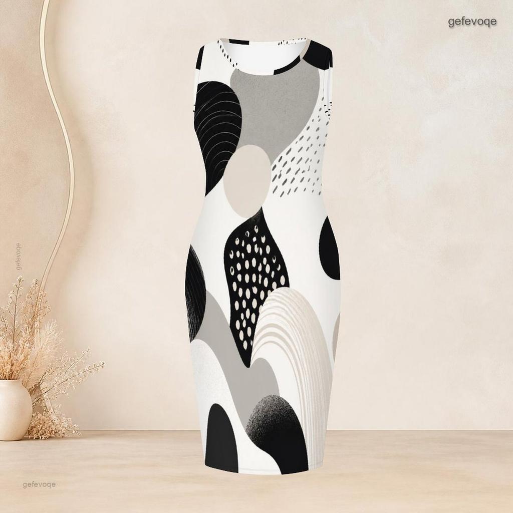 Women Plus Size Two Piece Set Round Neck Sleeveless Bodycon Dress Three Quarter Sleeve Open Front Cardigan Black White Floral Printed