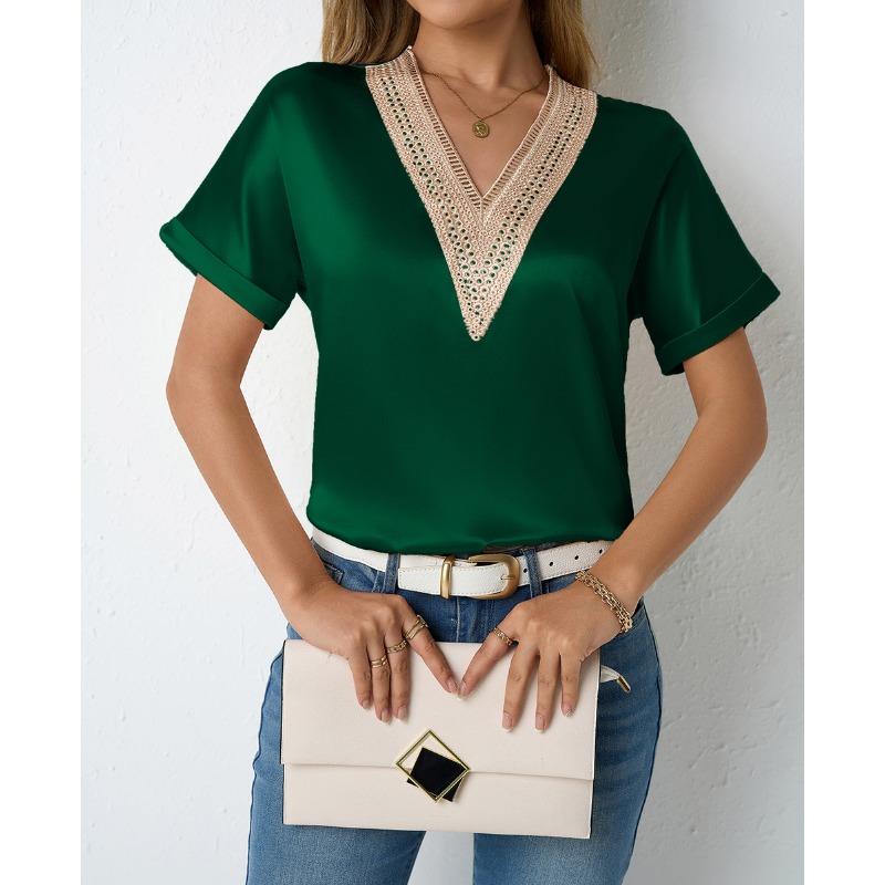 Women Champagne Satin V Neck Contrast Lace Trim Cuffed Short Sleeve Blouse S