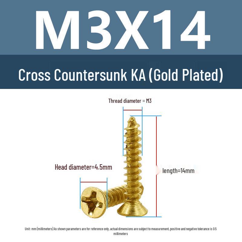 Yigu Gold-Plated Carbon Steel Self-Tapping Screws: Countersunk Head, Flat Head, Pointed Tail, Sizes M2-M4, Ideal for Electronics.