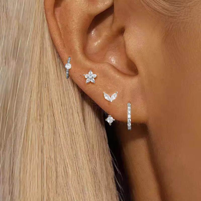 

4PCS Fashion Zircon Round Hoop Earring Set Women Temperament Flower Ear Stud Huggie Earring Tragus Piercing Cartilage Jewelry