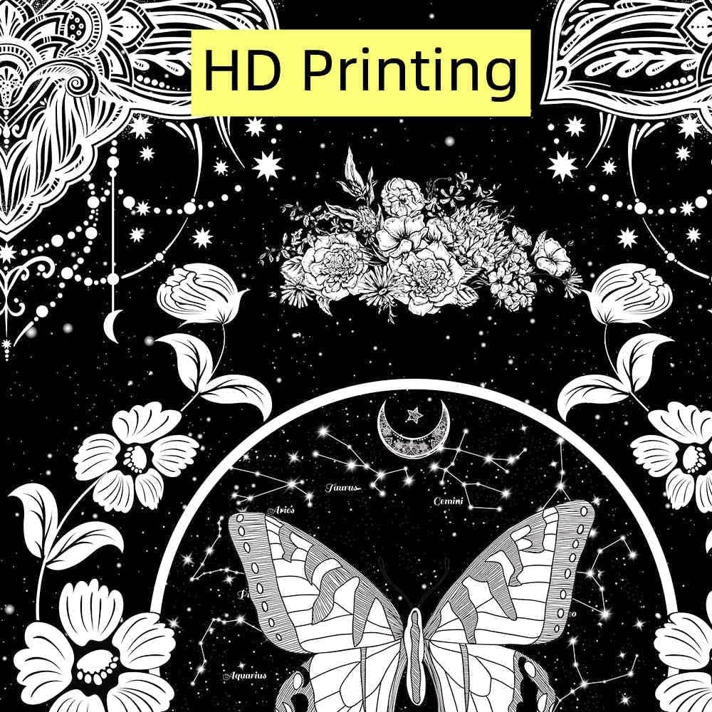 Flower and Butterfly Vertical Tapestry, Black and White Aesthetic Tarot Wall Tapestry, Moon and Stars Floral Tapestries Bedroom