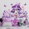 Cartoon Pink Purple Mushroom House Wall Sticker with Cute Animals and Butterflies for Kids Room and Living Room Decoration
