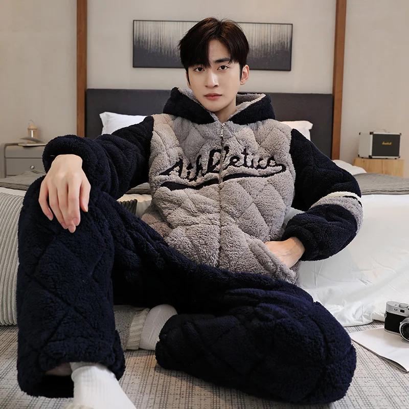 

Утолщенная фланелевая ночная рубашка для мужчин, кардиган на молнии, домашняя одежда, пижамы, 2 шт./комплект, мужская пижама для мальчиков L for 50-65kg