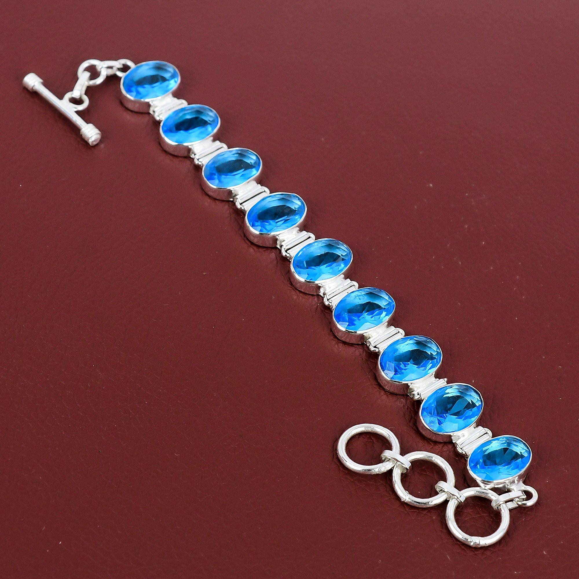 Faceted Swiss Blue Topaz Bracelet Gemstone Bracelet 925 Sterling Silver Bracelet Adjustable Chain Bracelet Handmade Jewelry Gift For Bridal Adjustable