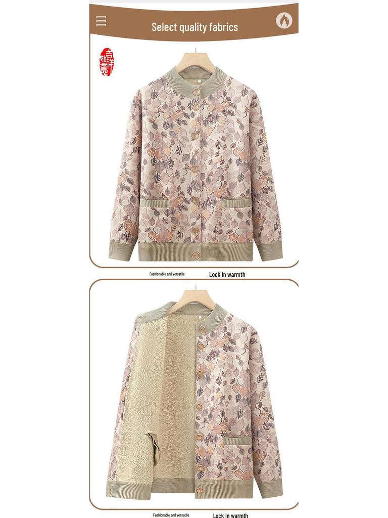 Autumn & Winter Fleece-Lined Floral Cardigan for Moms & Grandmas