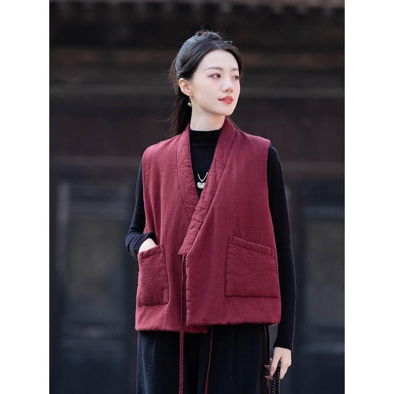 

25 Зимний хлопково-льняной женский новый китайский ретро песочно-мытый жилет с V-образным вырезом женский верхний хлопково-льняной утепленный утолщенный хлопковый жилет One size бордовый