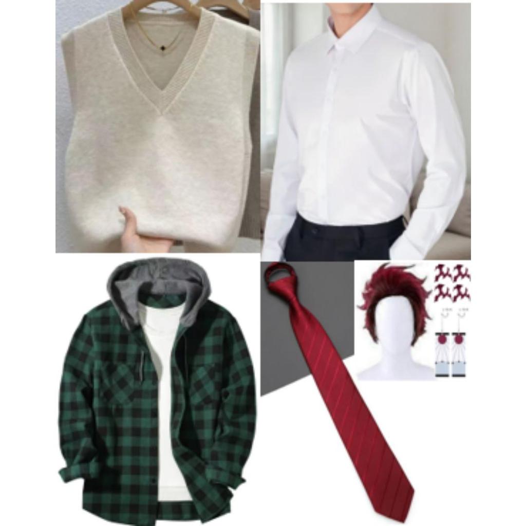 Anime Demon Slayer Kamado Tanjirou Cosplay Kostuum Kimetsu No Yaiba Cartoon Kostuum Sutis Pruiken Halloween Voor Kinderen Volwassenen CosParty