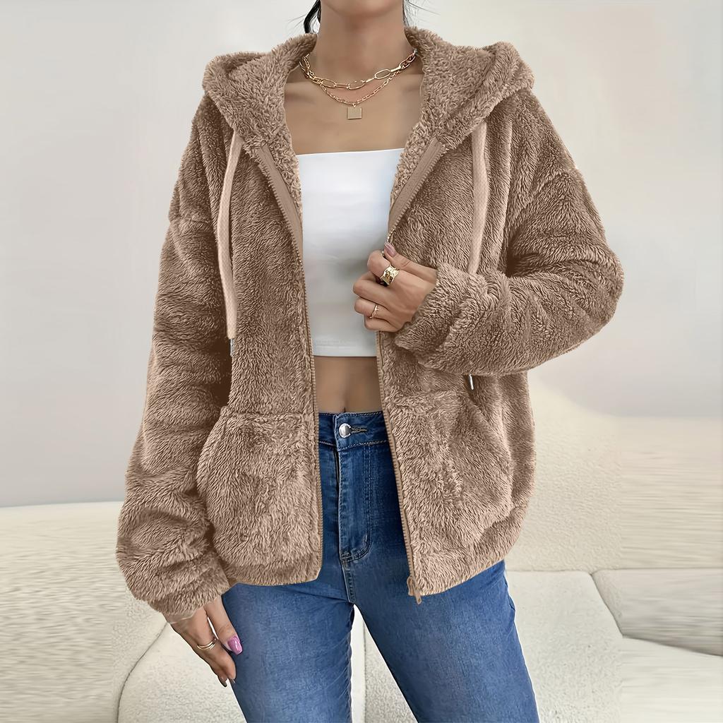 Women's Color Hooded Zip Up Cardigan with Pockets Loose Fit Coat