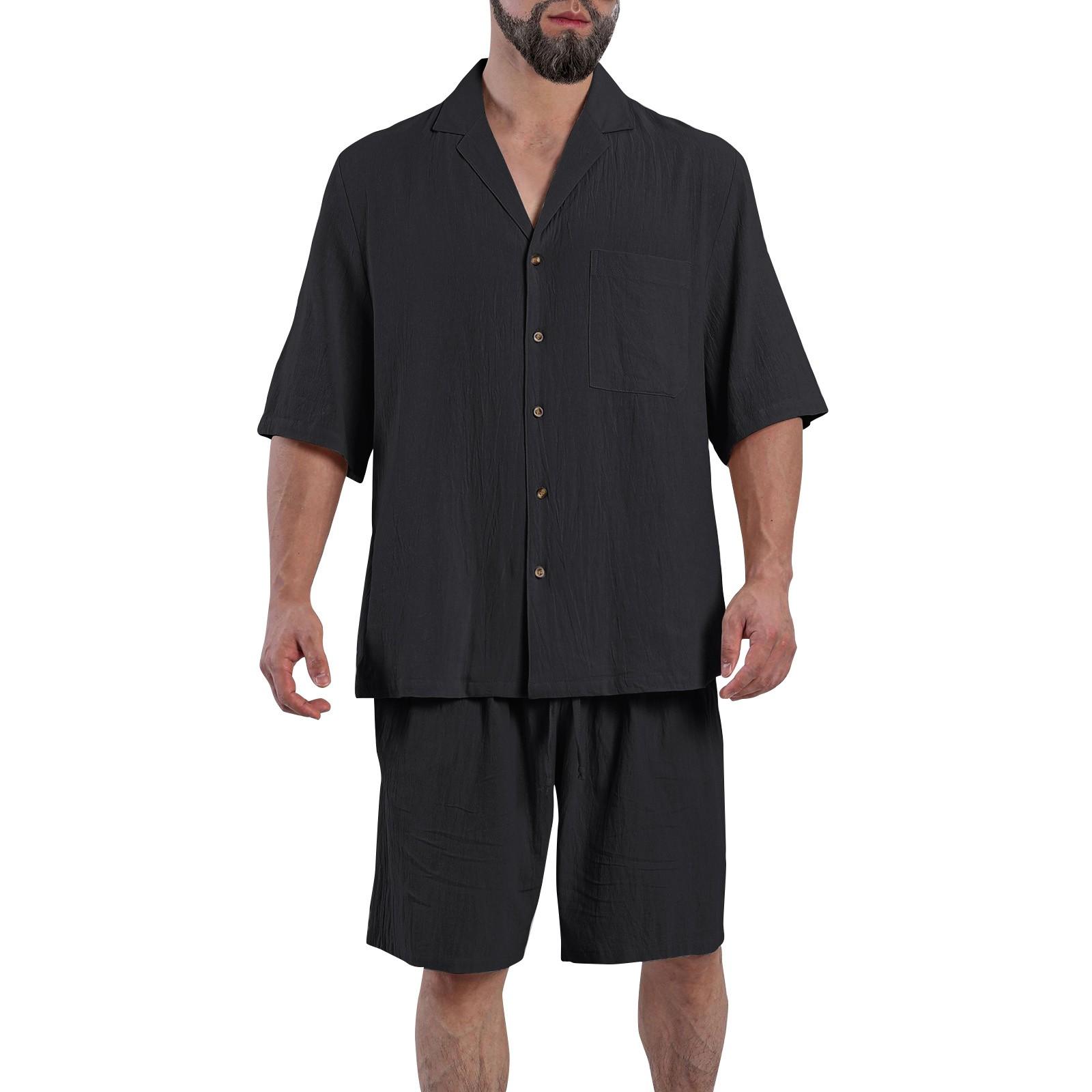 

Чоловіча однотонна бавовняна сорочка з льоном і кишеньковим коміром M чорний