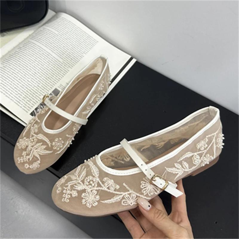 Sandali da Donna a Tacco Basso con Tessuto a Rete, Punta Tonda e Cinturino con Fibbia, Sandali da Donna Designer Ricamati Mule Scarpe Zapatos De Mujer