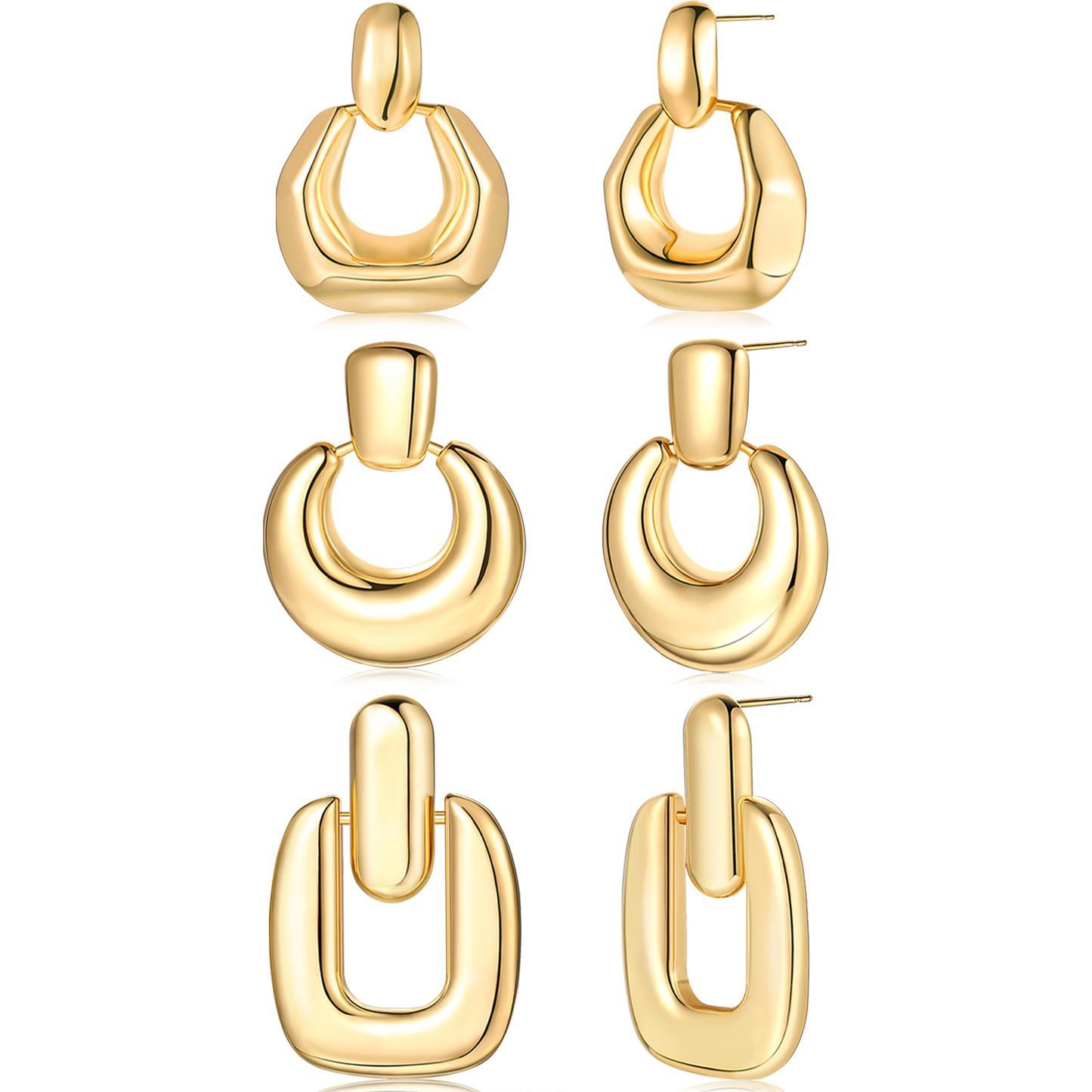 14K Gold Plated Earrings Set for Women Chunky Copper Metal Hypoallergenic Thick Open Lightweight Hoop Earrings Jewelry for Gifts